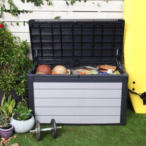 lot 3002 image: Keter Denali 100 Gallon Deck Box, Plastic Resin Outdoor Storage, Gray and Black