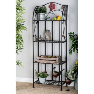 lot 3013 image: Decmode - Large Indoor & Outdoor Metal Shelf with Flowers, Decorative Outdoor Shelf, Black Metal Bookshelf with 4 Shelves, Metal Shelving Unit, 25 x 68