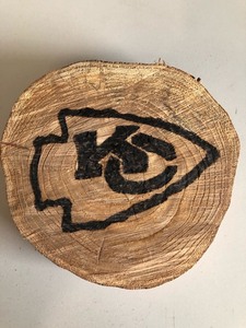 lot 3026 image: Kc Chiefs 8inch Wood Burnt Logo Wall Art