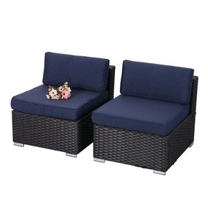 lot 4043 image: PHI VILLA Outdoor Sectional Furniture 2 Piece Patio Sofa Set Low-Back Rattan Wicker Additional Seat, Navy Blue