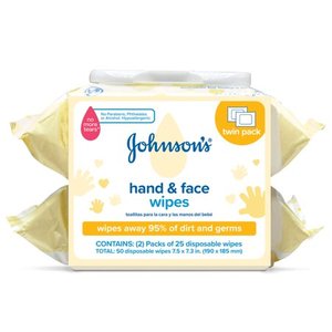 lot 4059 image: Johnsons Hand & Face Baby Cleansing Wipes, 2 Travel Packs of 25 ct.