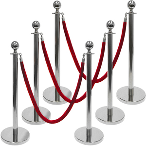 lot 59612 image: 3-Foot Polished Ball Top Stanchions 6-Pack  Includes 4.5-Foot Red Velvet Rope (Silver)
