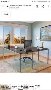 lot 65339 image: Upscale Decor L Shaped Corner Computer Gaming Desk 60 L x 55 W Modern Workstation Table for Small Space Home Office, Black with Silver Grey Legs