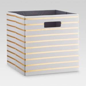 lot 55875 image: 13 Fabric Cube Storage Bin White Gold Stripe - Threshold - see photos small mark