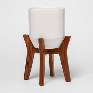 lot 55922 image: 15 x 11 Faceted Ceramic Planter in Wood Stand WhiteBrown - Project 62