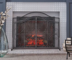 lot 68272 image: As Is - Pendleton Modern Three Panel Fireplace screen with Door by Christopher Knight Home - 31.75 H x 43.25 W x 1.25 D21.50 D - Black Silver Finish