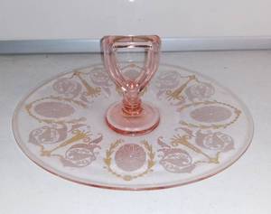 lot 4977 image: Vintage Pink Depression Glass Snack Tray With Center Handle