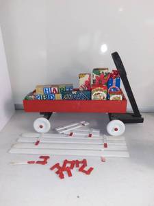 lot 4994 image: Little Red Christmas Wagon With Presents and Wood Blocks