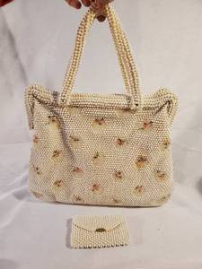 lot 9903 image: Vintage Corde Beaded Flowered White Evening Bag and Wallet