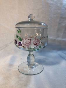 lot 9921 image: Hand Painted Glass Candy Dish with Lid Location Shelf 5