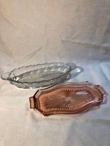 lot 9927 image: Lot of 2 Glass Trays One Pink Depression Glass Tray Location Shelf 5