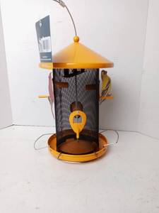 lot 29 image: Hanging Bird Feeder Metal Automatic Dispensing 4 Lbs Seeds Capacity Yellow