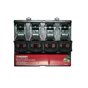 lot 132 image: Husky 1-14 in. x 16 ft. Ratchet Tie-Down (4-Pack), Webbing Is Black And Red