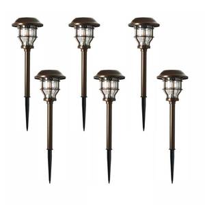 lot 177 image: Hampton Bay Solar Brass Outdoor Integrated LED 2500K 10-Lumens Vintage Bulb Landscape Pathway Light Set (5-Pack), 5.7Dia � 20.8H