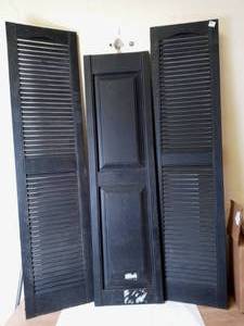 lot 87 image: Black Plastic Woodgrain shutters set of 3 14.5W x 59.5Length (2) 14.5W x 54.5 L (1)