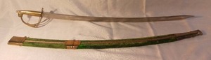lot 1455 image: Lions Head Shamshir Sword in Green Velvet Wrapped Scabbard with Brass Handle and Blade Decorated with Etching on both sides Blade Marked Made in India