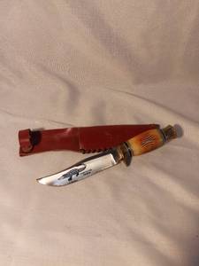 lot 1468 image: Stainless Steel Pakistani Bowie Knife with Bone Handle and Leather Case