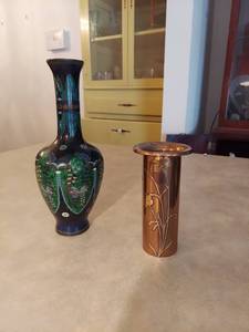 lot 6014 image: 2 Vases - 1 is Marked Sterling on Bronze and 1 is Enameled Brass