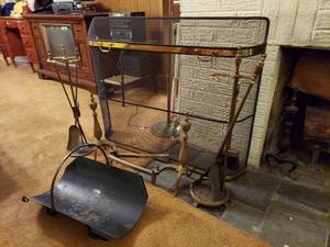 lot 6057 image: Assorted Fireplace Tools, Log Holder, Screen and Andirons