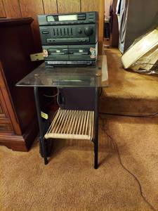 lot 6060 image: Glass Top End Table and Emerson Stereo with 1 Speaker