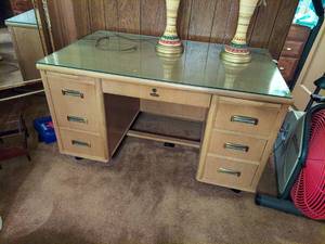 lot 6063 image: Blond Oak Desk with Glass Top