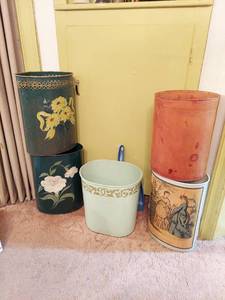 lot 6308 image: Vintage Trashcans - 1 is Leather, Rest are Metal