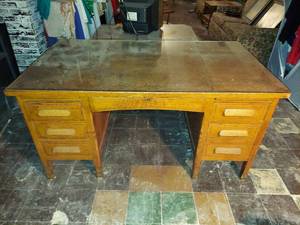 lot 6325 image: Wood Teachers Desk with Glass Top - in Basement