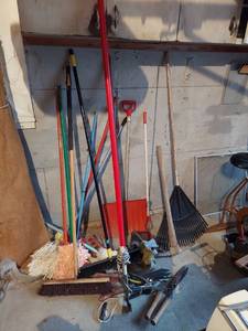 lot 6353 image: Pile Long Handled Tools - Brooms, Rake and Pick