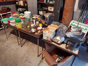 lot 6355 image: Assorted Kitchenware on 3 Card Tables - Tables Not Included