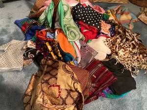 lot 6129 image: lot of fashion scarves and large decorative basket