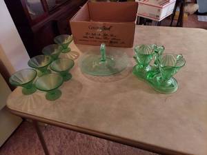 lot 6197 image: green cream and sugar, custard cups,, and platter