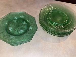 lot 6225 image: two sets of 6 green glass plates