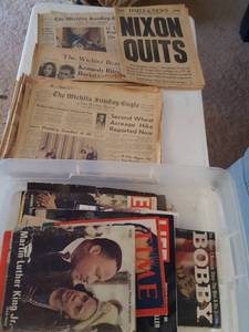 lot 6287 image: Assorted old newspapers and magazines w plastic storage box