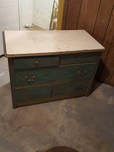 lot 6293 image: Old wooden dresser. Solid wood, painted - In Basement