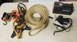 lot 504 image: Two 12V Air Compressors, Nylon Tow Strap, Booster Cables and Tie Down Straps
