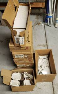 lot 512 image: 6 Cases of Almond 4x4 Ceramic Tiles  each case covers 12.5 sq. ft. plus box of bull nose piece, Soap Dish and box of cut pieces