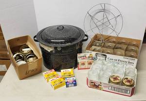 lot 517 image: Canning Jars & Lids, Labels and 3pc. 21.5 qt. Canner