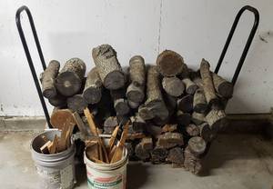 lot 533 image: Metal Wood Log Storage Rack  4 ft. long, Wood Logs and Two 5 gal. buckets of Kindle  Bring Help Move out and Load