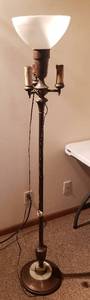 lot 108 image: Vintage Metal & Marble Floor Lamp  62 In. tall  fraying electric cords need replaced  center socket requires a Mogul base bulb