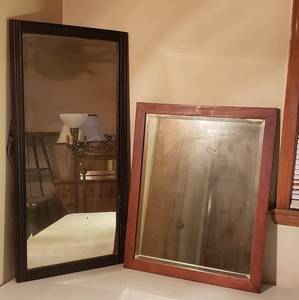 lot 110 image: 2 Vintage Framed Beveled Rectangular Mirrors  Lt. Oak 25 x 31 in. & Dark Ribbed 21 x 43 in.