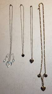 lot 120 image: 4 Ladies Heart Necklaces  5 & 10 year Boeing Service Awards (110th 10k), Tiger Eye Stone Heart & Glass Heart wEarrings (120th 12k), and 120th 12k Gold Filled Heart Locket