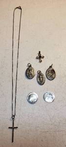lot 122 image: Religious Jewelry 925 Silver Cross Necklace, Goldtone Cross, 3 Religious Medallions and 2 Replica Alum. Coins