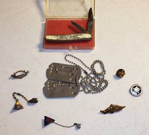 lot 127 image: Vintage Items Dog Tags, Sovereign Pocket knife, and Vintage Pins