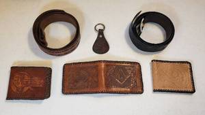 lot 138 image: 3 Custom Made Mens Leather Wallet, 2 Mens Belts (34 to 36  needs holes punched & 40) and Keychain