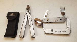 lot 148 image: Winchester Leatherman Tool wsheath and Ozark Trail Camping 4 piece Set (comes apart in 2 parts)