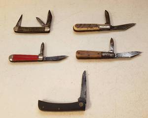 lot 156 image: 5 Vintage Pocketknives  Case Single Blade Sod Buster Jr. 2137, Bluegrass 2 Blade, Barlow 2 Blade, Hammered Brand 2 Blade and Imperial 3 Blade