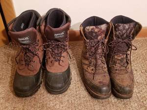 lot 172 image: 2 Pair of Mens Insulated Boots  Irish Setter by Red Wing  Size 8.5 (Leather & Camo) and Ranger  Size 9 (Leather & Rubber)