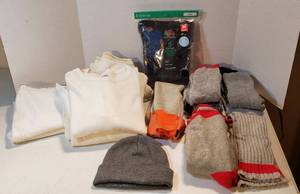 lot 173 image: Mens Size M Insulated Underwear (3 shirt 5 Pants), Pkg. of 5 Black M Pocket Tees, 7 Pair of Socks (1 pr. battery heated) and Gray Stocking Cap