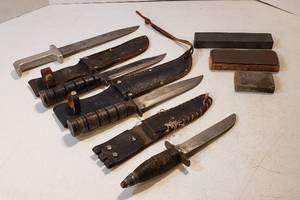 lot 178 image: 4 Hunting Knives (3 sheaths) and 3 Wet Stones  2 Ka Bar Type (made in Japan), 1 Leather Handle and 1 Alum. Handle Custom Made