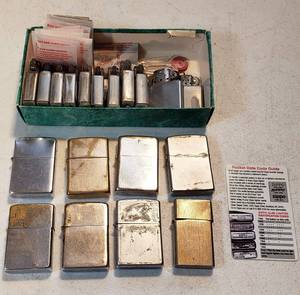 lot 209 image: 7 Vintage Zippo Lighters and 1 other Lighter - includes Zippo Lighter PartsDate Code Card